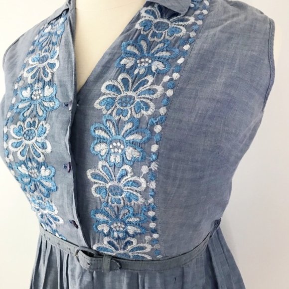 Vintage 1950s Embroidered Shirt Dress Chambray L - Picture 8 of 9